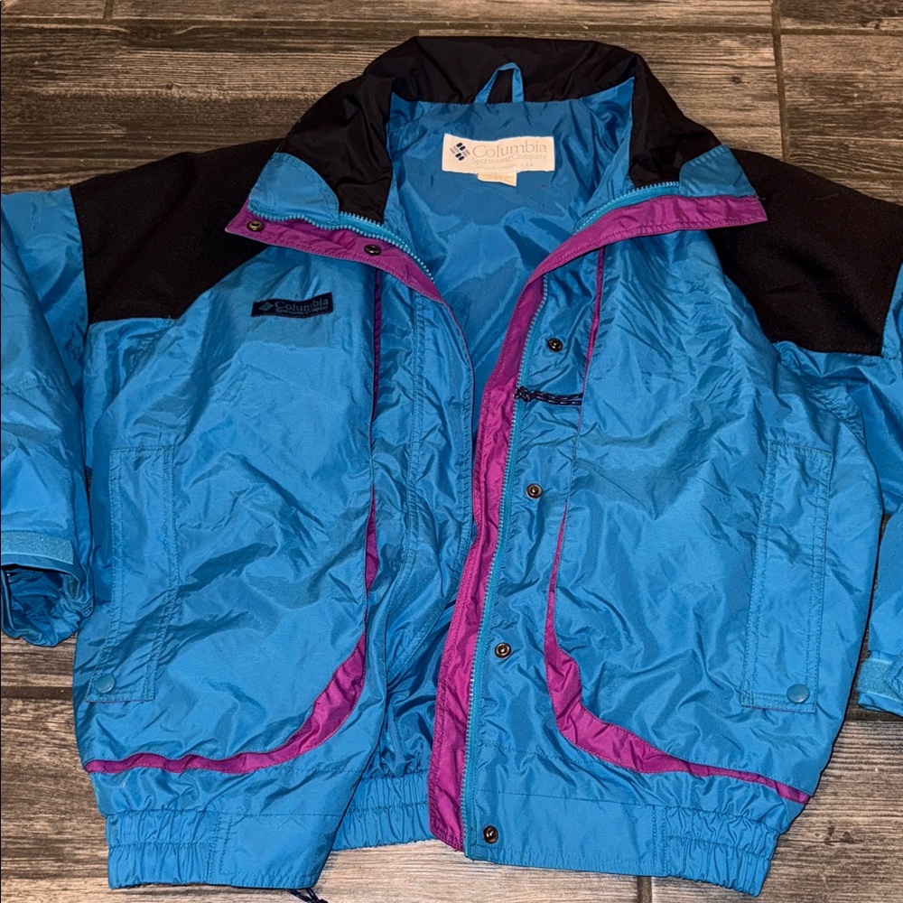 Columbia Men’s 1995 Bright Blue Rain Jacket with Purple Trim 90s large